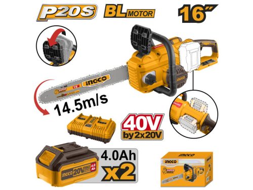 Ingco CGSLI401682 Akkus láncfűrész 400 mm szénkefe nélküli 2 x 20 V (2 x 4,0 Ah akku + töltő)