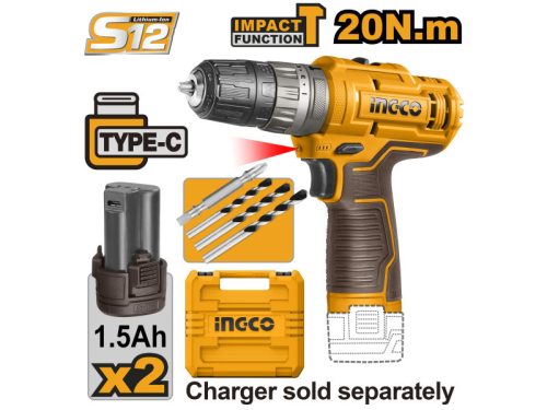 Ingco CIDLI12202E Akkus ütvefúró-csavarozó 20 Nm 12 V (2 x 1,5 Ah akkus, töltő kábel nélkül)
