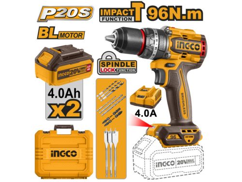Ingco CIDLI20968E Akkus ütvefúró-csavarozó 96 Nm szénkefe nélküli 20 V (2 x 4,0 Ah akku + töltő)
