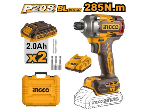 Ingco CIRLI2028E Akkus ütvecsavarozó 1/4" 285 Nm szénkefe nélküli 20 V (2 x 2,0 Ah akku + töltő)
