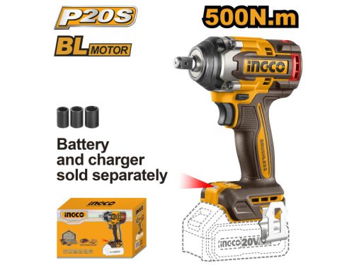 Ingco CIWLI20501 Akkus ütvecsavarozó 1/2" 500 Nm szénkefe nélküli 20 V (akku és töltő nélkül)