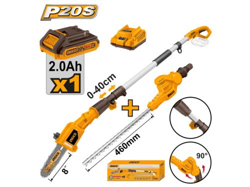 Ingco CPTS201681 Akkus magassági sövény 460 mm és ágvágó 200 mm 0-400 mm 20 V (1 x 2,0 Ah akku + töltő)