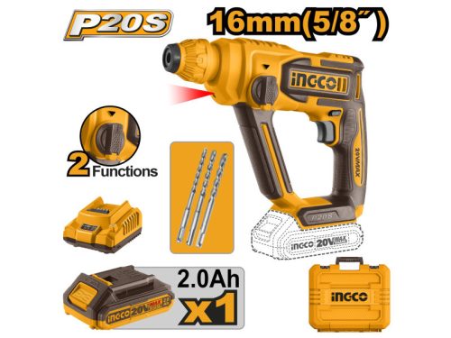 Ingco CRHLI201681E Akkus kombikalapács 1,5 J SDS-Plus szénkefe nélküli 20 V (1 x 2,0 Ah akku + töltő)