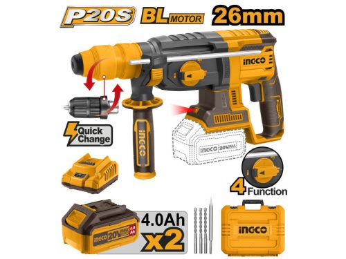Ingco CRHLI202289 Akkus kombikalapács 2,5 J SDS-Plus szénkefe nélküli 20 V (2 x 4,0 Ah akku + töltő)