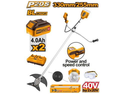 Ingco CSTLI202522 Akkus fűkasza 330 mm szénkefe nélküli 2 x 20 V (2 x 4,0 Ah akku + töltő)