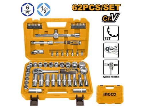 Ingco HKTS12602 Dugókulcs készlet 62 részes 1/2" 10-32 mm CrV