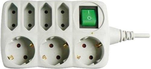 Emos PS1721 hálózati elosztó, 7 (4+3) aljzat, 1,5méter, 3x1mm2, 250V, 10A, kapcsolható