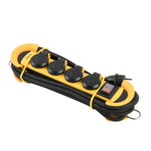 Philips SPN5140YC/58 kültéri elosztó, 4 aljzat, 5méter, 3x1,5mm, IP44, kapcsolós, sárga -fekete