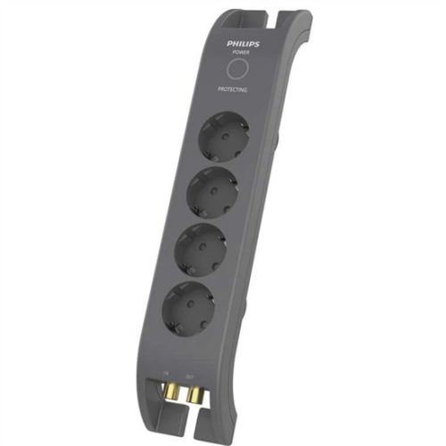 Philips SPN5144A/58 túlfeszültségvédett elosztó, 4 aljzat, antenna be- és kimenet, 2méter, 1800Joule, 250V, 3680Watt, 16A, szürke