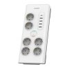 Philips SPN7060WA/58 túlfeszültségvédett elosztó, 6 aljzat, 4db USB-A és USB-C csatlakozó, 2méter, 900Joule, 250V, 3680Watt, 16A, fehér