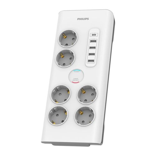 Philips SPN7060WA/58 túlfeszültségvédett elosztó, 6 aljzat, 4db USB-A és USB-C csatlakozó, 2méter, 900Joule, 250V, 3680Watt, 16A, fehér