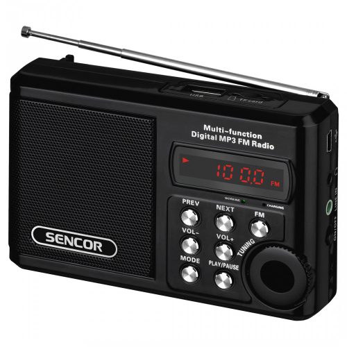 Sencor SRD215B hordozható rádió, LED kijelző, USB csatlakozó, elemes, 3,5 mm Jack, fekete