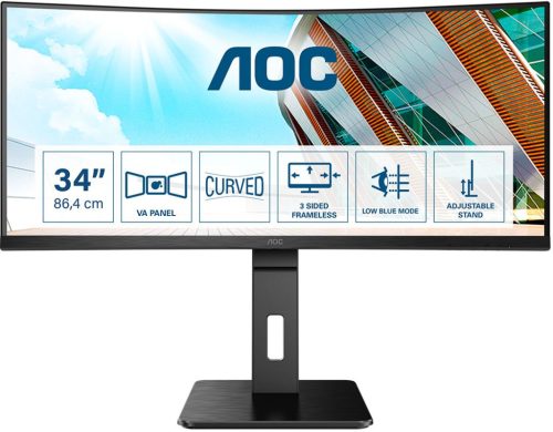 AOC CU34P2A VA LED monitor, üzleti, ívelt, 34" (86cm), WQHD (3440 x1440) 21:9, 100Hz, 300cd/m2, 1ms, 2db HDMI /DisplayPort, USB-A