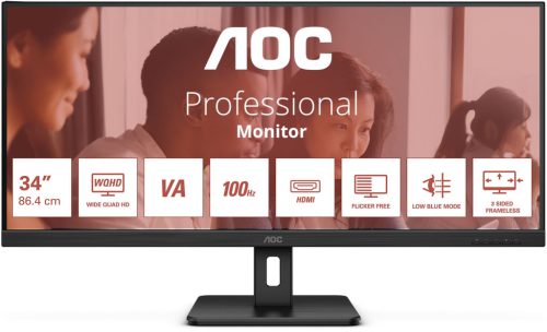 AOC U34E2M WQHD (3440 x1440) VA LED monitor 34" (86cm), 21:9, 100Hz, 300cd/m2, 4ms, 2db HDMI /DisplayPort
