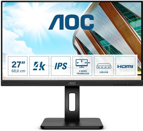 AOC U27P2 UHD (3840 x2160) IPS LED üzleti monitor, 27" (69cm), 16:9, 350cd/m2, 4ms, 2db HDMI /DisplayPort, USB-A, forgatható