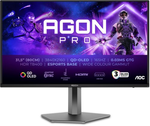 AOC AG326UD AGON Pro Gaming OLED monitor, 31.5" (80cm), UHD (3840x2160), 165Hz, 250 cd/m², 0.03ms, HDMI /DisplayPort /USB, forgatható