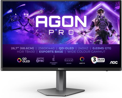 AOC AG276QZD2 AGON Pro Gaming OLED monitor, 27" (68cm), QHD (2560x1440), 240Hz, 250 cd/m², 0.03ms, HDMI /DisplayPort /USB, hangszóró