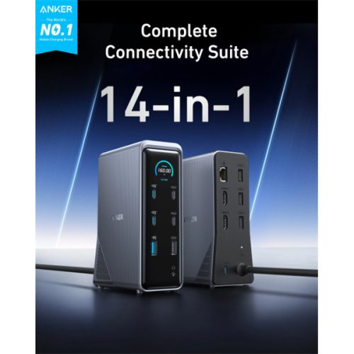 Anker A83B63A1 Prime USB dokkoló, 14-in-1, 160Watt, 2x 4K HDMI, USB-C, USB-A Ethernet, 10Gbps, szürke
