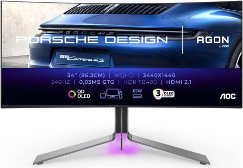 AOC PD34 Porsche Design AGON Gaming OLED monitor, ívelt, 34" (86cm), UHD (3840x2160), 240Hz, 1000cd/m², 0.03ms, HDMI /DisplayPort /USB, hangszóró