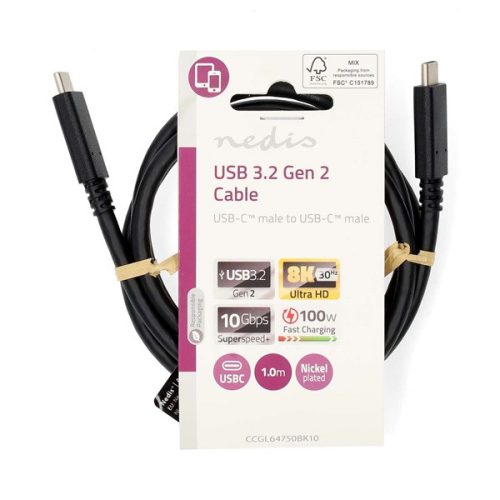 Nedis CCGL64750BK10 USB C kábel, USB3.2 Gen 2, 110Watt, 8K@30Hz, 20Gbps, 1m