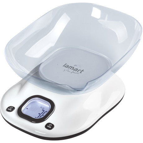 Lamart LT7073 Bang digitális konyhai mérleg, 5kg, 1g pontosság, 1literes tál, elemes (2 xAAA), fehér