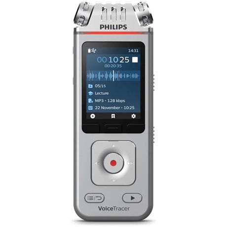 Philips DVT4115 diktafon, 8GB, bővíthető memória, 3 db mikrofon, Wi-Fi, mobil alkalmazás, 1000mAh akku, Sembly, ezüst
