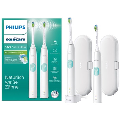 Philips HX6807/35 Sonicare ProtectiveClean 4300 elektromos fogkefe, 2 intenzitás, 62000 rezgés/perc, BrushSync, utazó tok, fehér -mentazöld (2db /csomag)
