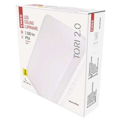 Emos ZM4323 TORI LED mennyezeti lámpa, négyzet, 22x5cm, 15/100W, 1500lm, IP54, természetes fehér
