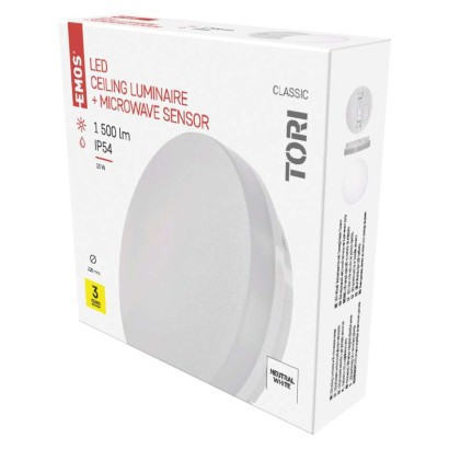 Emos ZM4328 TORI LED mennyezeti lámpa, mozgásérzékelő, 22x5cm, 15/100W, 1500lm, IP54, természetes fehér