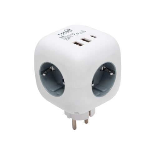 Home CUBE1 kocka elosztó USB töltővel, 3 aljzat gyermekvédelemmel, 1db USB C, 2db  USB A, max. 3680