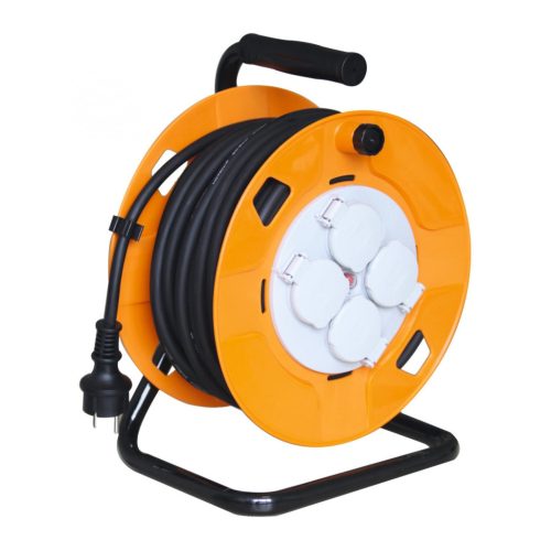 Somogyi HJR 10-25/2,5 kábeldob, 25m, 4 aljzat, 3x2.5mm vezeték, fém talp, IP44, max.3600Watt