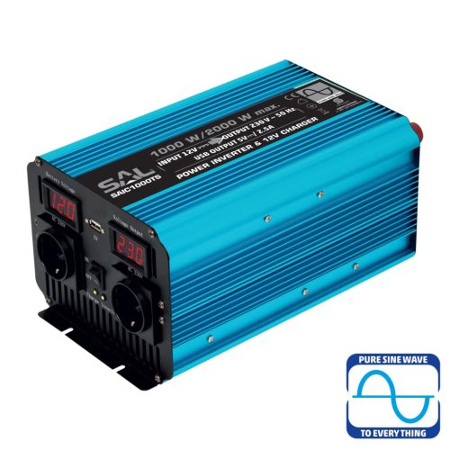 Somogyi SAIC1000TS feszültség átalakító, tiszta szinuszos, 1000/2000Watt, 2db földelt aljzat, USB